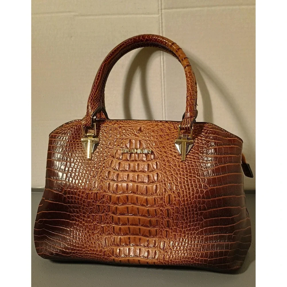 Brahmin Satchel Women Medium Cognac Croc Embossed Leather Gold Hardware